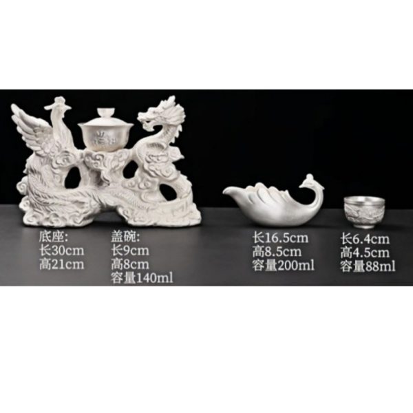 Majestic Chinese Handmade Ceramic Gongfu Tea Cup Set with Silver Dragon Phoenix Lazy Semi-Automatic Design