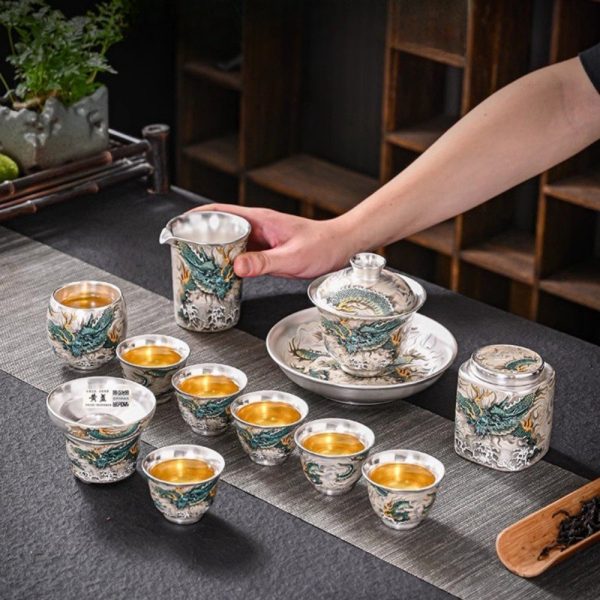 Vintage Exquisite Handmade Chinese Silver Dragon Gongfu Tea Cup Set Lazy Semi-Automatic