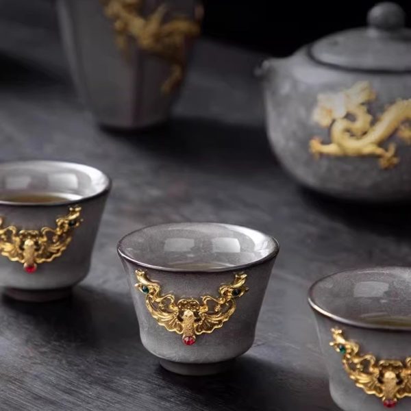 Classic Chinese Vintage Ice Crackle Glaze Black Porcelain Gongfu Tea Set with Elegant Gold Inlaid Jade Dragon
