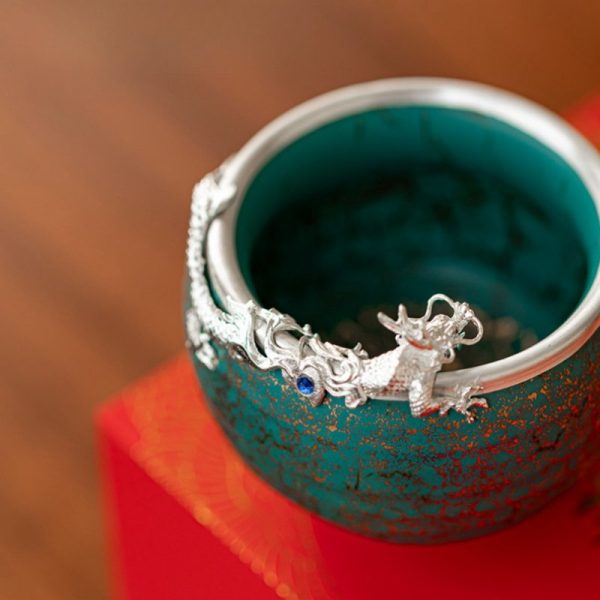 Antique Turquoise Gold Glaze Green Ceramic Year of The Dragon Tea Cup with Silver Dragon