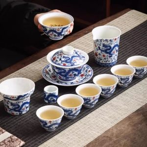 Vintage Elegant Chinese Blue and White Porcelain Dragon Phoenix Luxury Gongfu Tea Cup Set