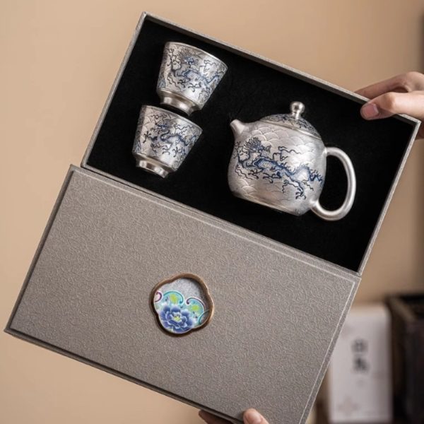 Antique Elegant Gilt Silver Tea Sets with Blue and White Porcelain Exclusive Dragon Pattern