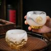 Ink White Jade Colored Glaze Chinese Chawan Tea Cup Inlaid with Golden Dragon