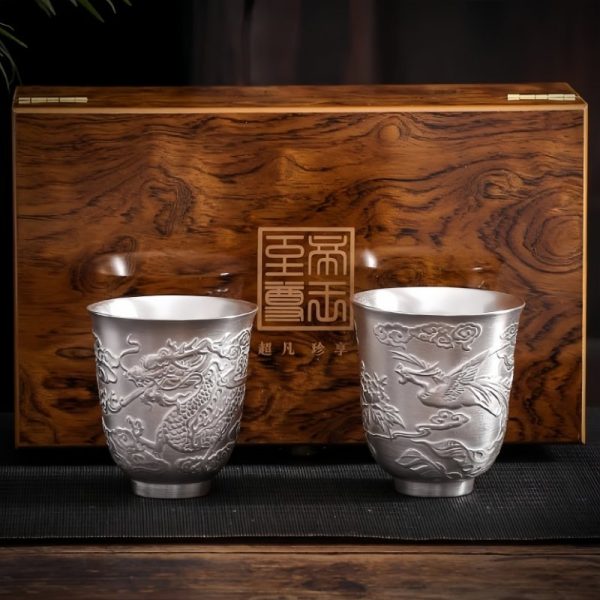 Exquisite Embossed Fire-breathing Dragon Sterling Silver Vintage Chinese Ceramic Tea Cup