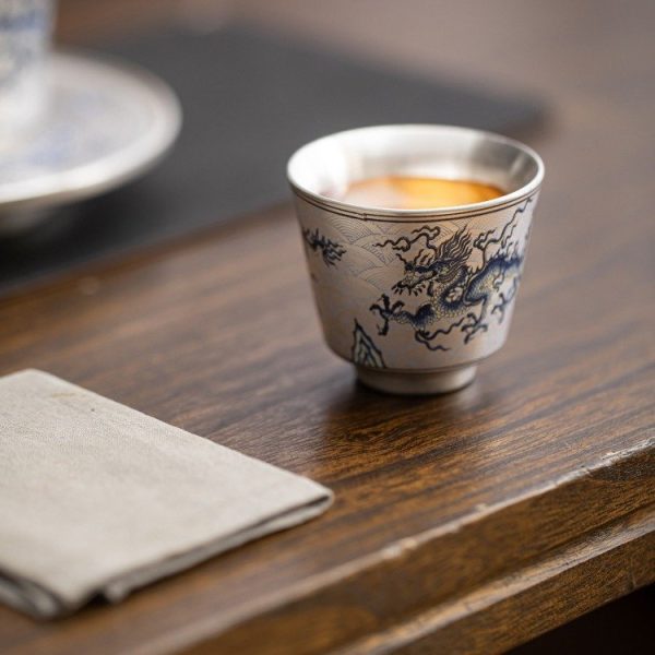 Silver Glaze Flying Dragon Pattern Vintage Chinese Ceramic Tea Cup