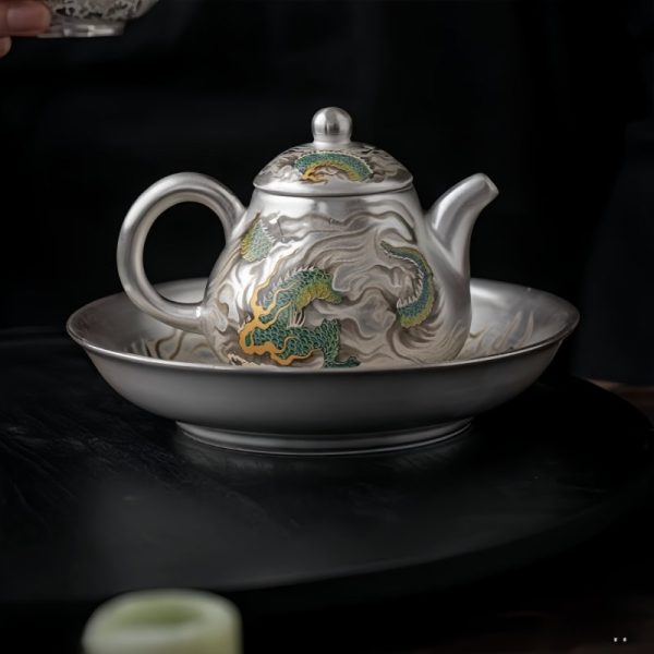 Antique Chinese Green Dragon Silver Gilded Porcelain Pear-Shaped Teapot