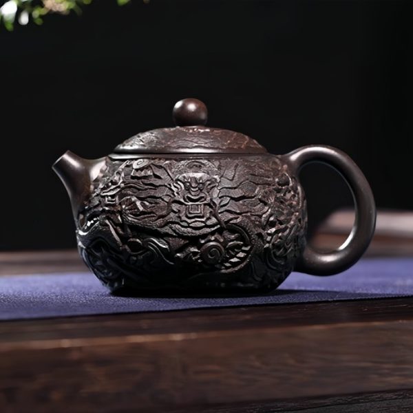 Vintage Handmade Chinese Dragon Teapot Crafted From Black Gold Sand Clay With Carving Dragon Pattern