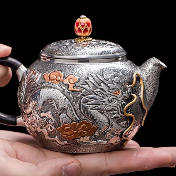 Antique Enamel Color Handcraft Sterling Silver Dragon Teapot With Carving Dragon And Phoenix Pattern