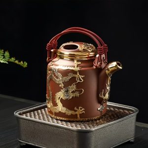 Antique Gold Inlaid with Jade Dragon and Phoenix Pattern Purple Clay Teapot Large Capacity with Handle