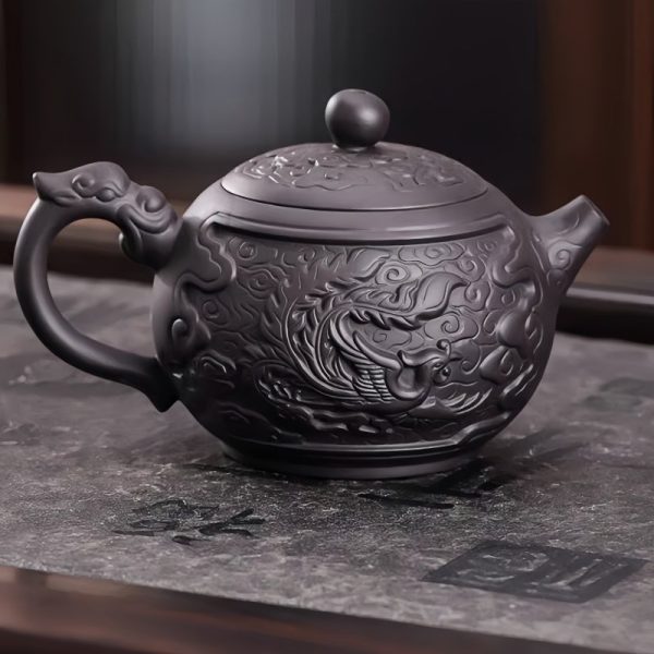 Large Chinese Purple Clay Teapot with Auspicious Dragon and Floating Clouds Pattern