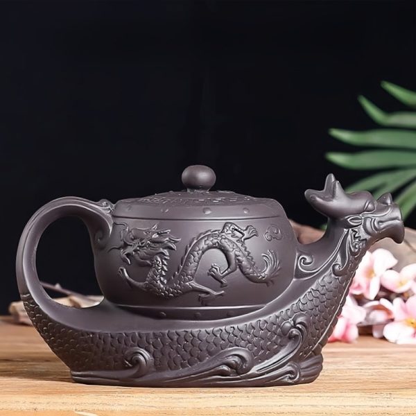 Gongfu Teapot in Dragon Boat Shape with Strainer Crafted from Black and Brown Yixing Clay Chinese Design