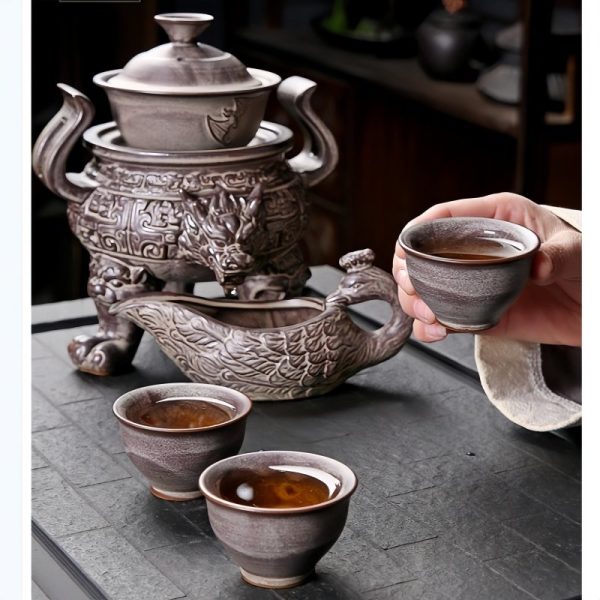 Luxury Grey Vintage Semi Automatic Ceramic Chinese Tripod Relief Dragon Head Ware Tea Set