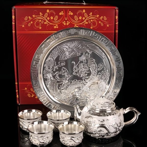 Vintage Opulent Silver Chinese Dragon and Phoenix Refined Gongfu Tea Pot Set