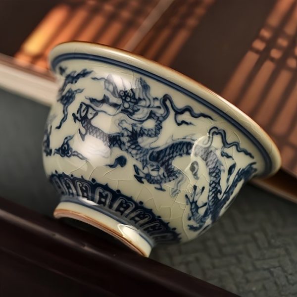 Vintage Hand Painted Blue and White Porcelain Dragon Chinese Tea Cup