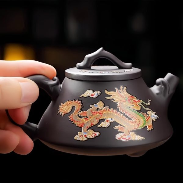 Yixing Purple Clay Antique Dragon Teapot With Color Changing Pattern Stone Gourd Design