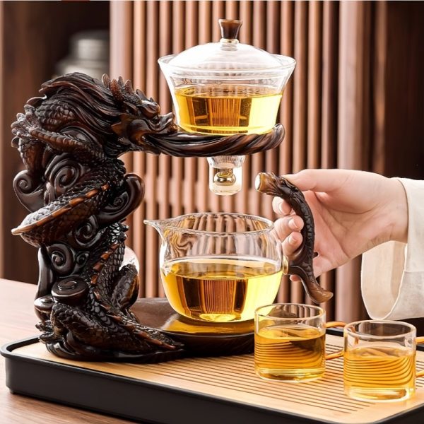 Premium Brown Resin Vintage Lazy Dragon and Phoenix Semi-Automatic Antique Tea Set