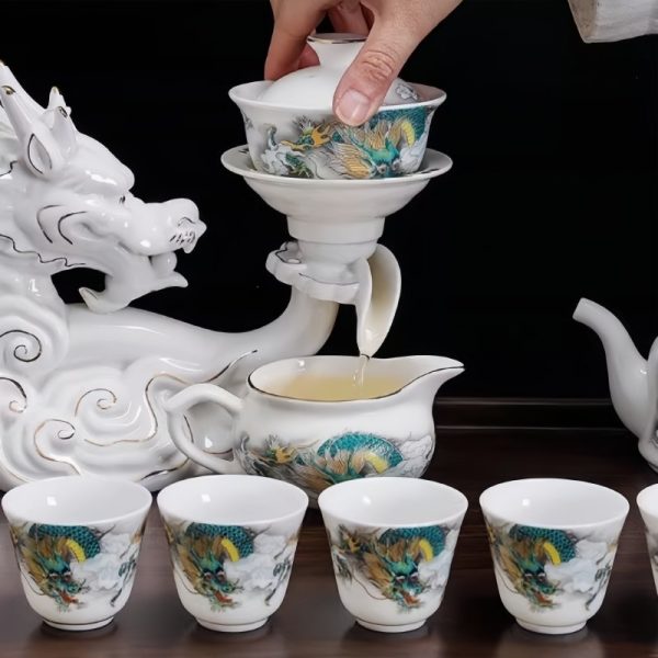 Delicate White Ceramic Semi-Automatic Gongfu Tea Pot Set with Gilded Ornate Dragon Design