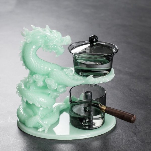 Chinese Grey Jade Green Majestic Dragon Semi-Automatic Lazy Antique Kungfu Tea Cup Set