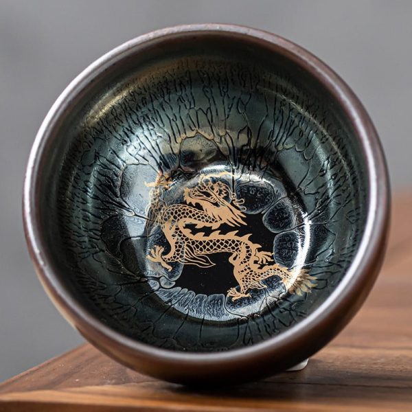 Oil Spot Tenmoku Glaze​ Hand Painted Dragon Jian Zhan Ceramic Tea Cups
