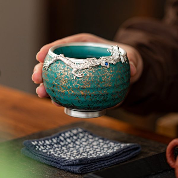 Antique Turquoise Gold Glaze Green Ceramic Year of The Dragon Tea Cup with Silver Dragon