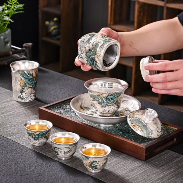 Vintage Exquisite Handmade Chinese Silver Dragon Gongfu Tea Cup Set Lazy Semi-Automatic