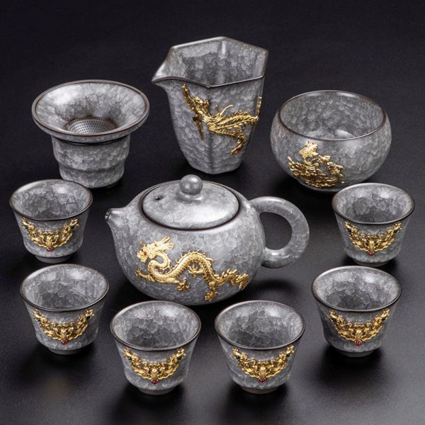 Classic Chinese Vintage Ice Crackle Glaze Black Porcelain Gongfu Tea Set with Elegant Gold Inlaid Jade Dragon