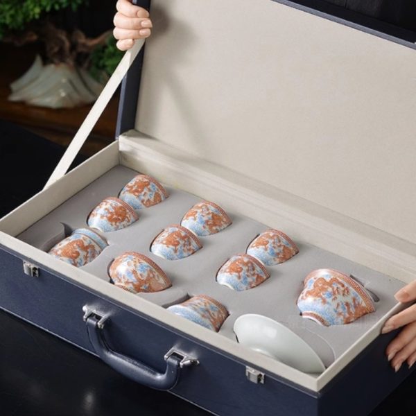 Classic Chinese Handmade Vintage Gongfu Porcelain Tea Cup Set with Majestic Red Dragon Pattern