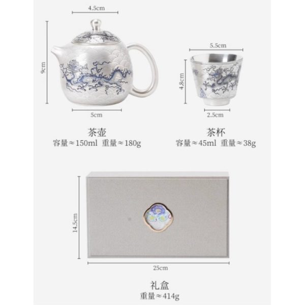 Antique Elegant Gilt Silver Tea Sets with Blue and White Porcelain Exclusive Dragon Pattern