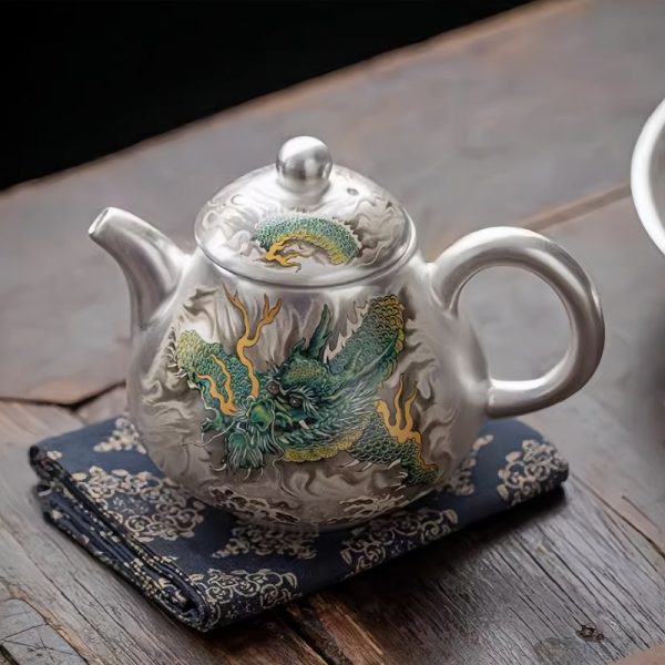 Antique Chinese Green Dragon Silver Gilded Porcelain Pear-Shaped Teapot