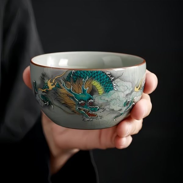 Antique Green Dragon Traditional Cracked Ceramic Chinese Gongfu Chawan Tea Cup