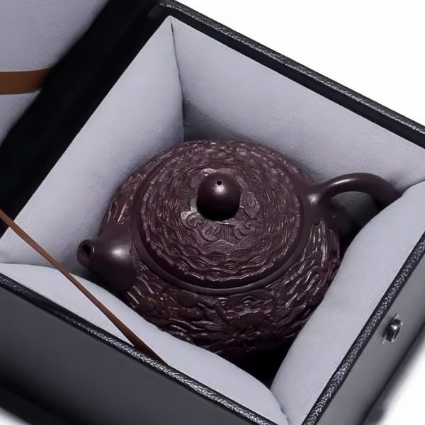 Vintage Handmade Chinese Dragon Teapot Crafted From Black Gold Sand Clay With Carving Dragon Pattern