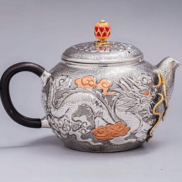 Antique Enamel Color Handcraft Sterling Silver Dragon Teapot With Carving Dragon And Phoenix Pattern