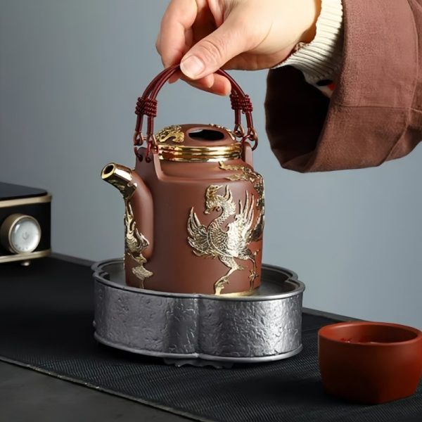 Antique Gold Inlaid with Jade Dragon and Phoenix Pattern Purple Clay Teapot Large Capacity with Handle