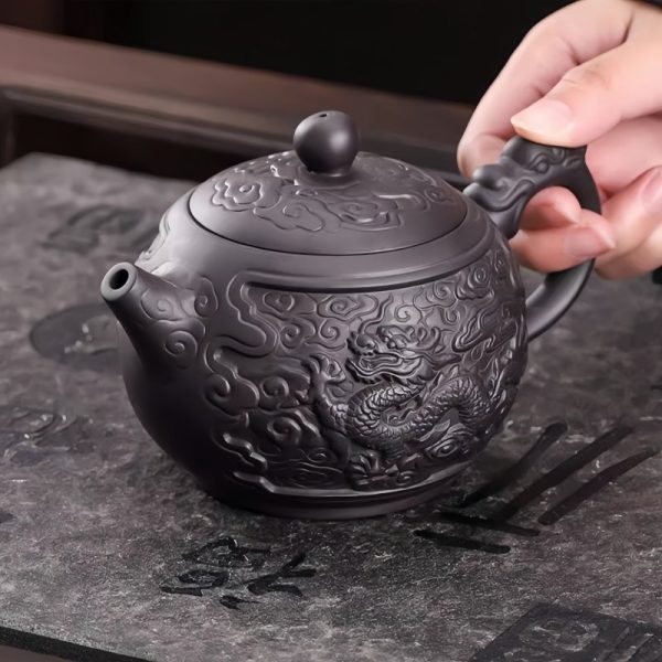 Large Chinese Purple Clay Teapot with Auspicious Dragon and Floating Clouds Pattern
