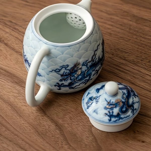 Vintage Blue And White Porcelain Chinese Dragon Egg Shaped Teapot With Gold And Silver Inlay
