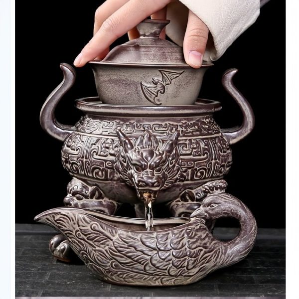 Luxury Grey Vintage Semi Automatic Ceramic Chinese Tripod Relief Dragon Head Ware Tea Set