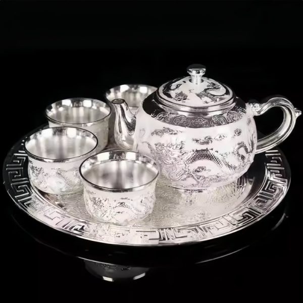 Vintage Opulent Silver Chinese Dragon and Phoenix Refined Gongfu Tea Pot Set