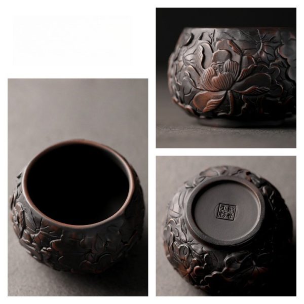 Authentic Chinese Jianshui Purple Pottery Teacup with Carved Lotus Pattern
