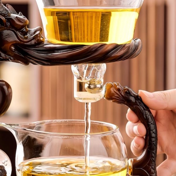 Premium Brown Resin Vintage Lazy Dragon and Phoenix Semi-Automatic Antique Tea Set