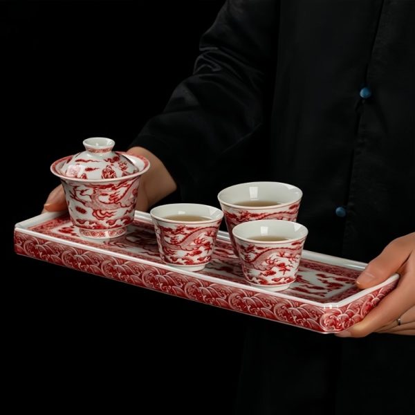 Traditional Chinese Year of the Dragon Vintage Jingdezhen Porcelain Red Dragon Themed Tea Cup Set