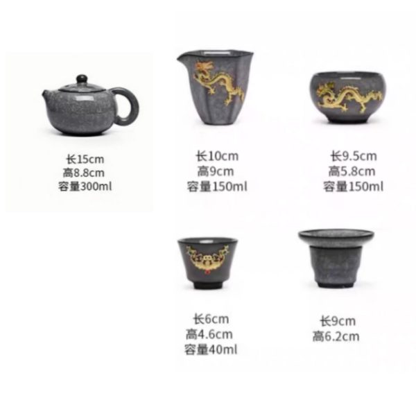 Classic Chinese Vintage Ice Crackle Glaze Black Porcelain Gongfu Tea Set with Elegant Gold Inlaid Jade Dragon