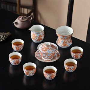 Classic Chinese Handmade Vintage Gongfu Porcelain Tea Cup Set with Majestic Red Dragon Pattern
