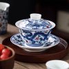 Vintage Elegant Chinese Blue and White Porcelain Dragon Phoenix Luxury Gongfu Tea Cup Set
