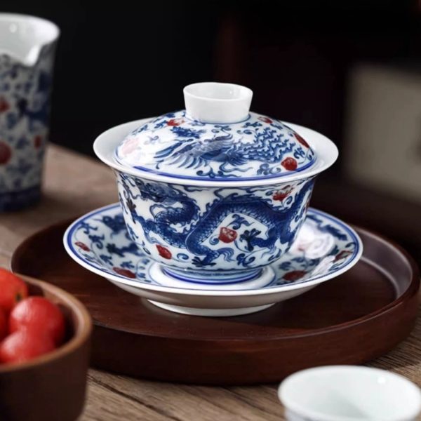 Vintage Elegant Chinese Blue and White Porcelain Dragon Phoenix Luxury Gongfu Tea Cup Set