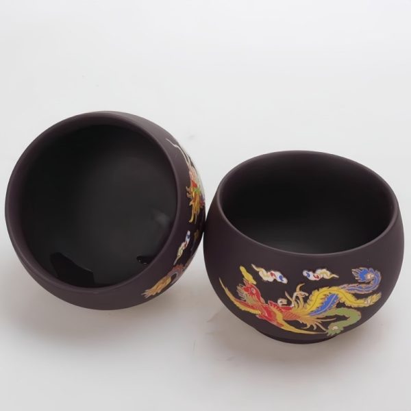 Sleek Color Changing Chinese Dragon and Phoenix Pattern Yixing Purple Clay Tea Cup