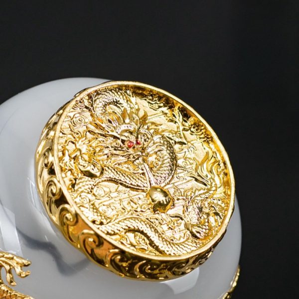 Ink White Jade Colored Glaze Chinese Chawan Tea Cup Inlaid with Golden Dragon