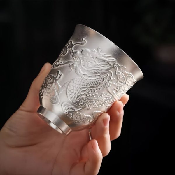 Exquisite Embossed Fire-breathing Dragon Sterling Silver Vintage Chinese Ceramic Tea Cup
