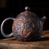 Handmade Vintage Black Clay Pottery Chinese Dragon Egg Teapot With Relief Detailing