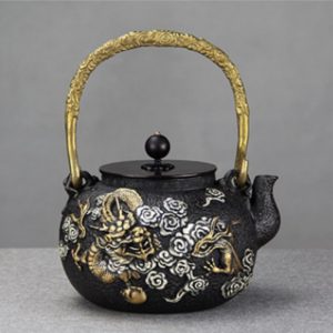 Antique Asian Gold Dragon and Silver Clouds Cast Iron Tetsubin Teapot