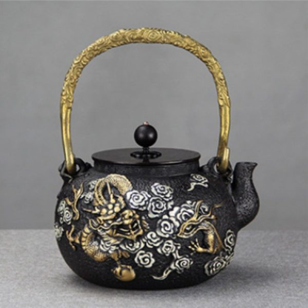 Antique Asian Gold Dragon and Silver Clouds Cast Iron Tetsubin Teapot